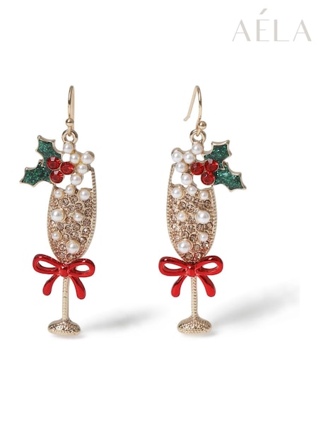 Gold Tone - Aela Gold Tone Christmas Champagne Drop Earrings