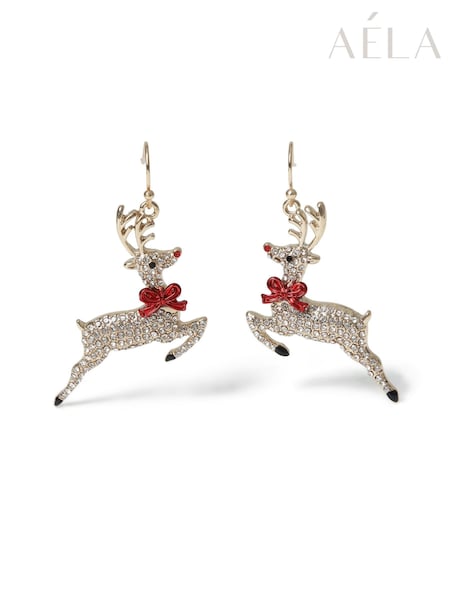 Gold Tone - Aela Gold Tone Christmas Reindeer Drop Earrings