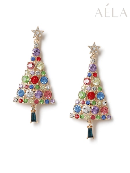 Gold Tone - Aela Gold Tone Christmas Stone Tree Drop Earrings