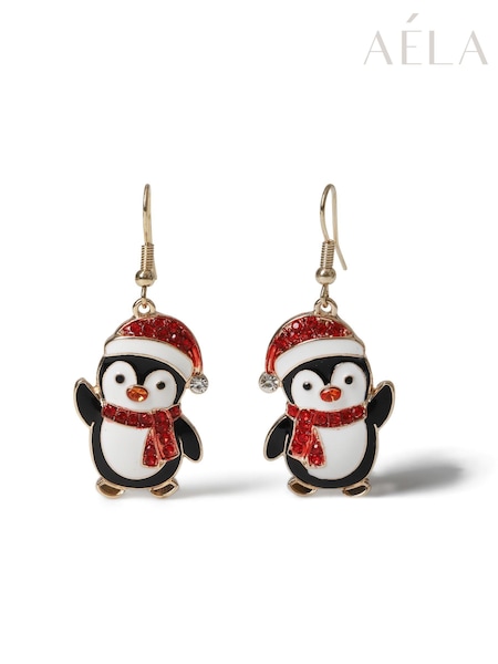 Black - Aela Christmas Penguin Drop Black Earrings