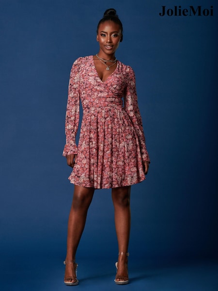 Jolie Moi Pink Long Sleeve Mesh Skater Dress (N54983) | £65