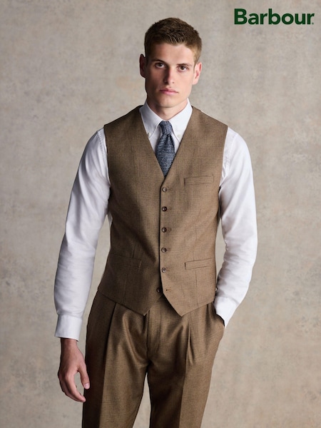 Barbour® Taupe Brown Slim Fit Check Suit Waistcoat (N55168) | £149