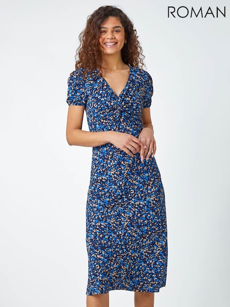 Roman Blue Animal Print Twist Front Midi Stretch Dress (N55783) | £42
