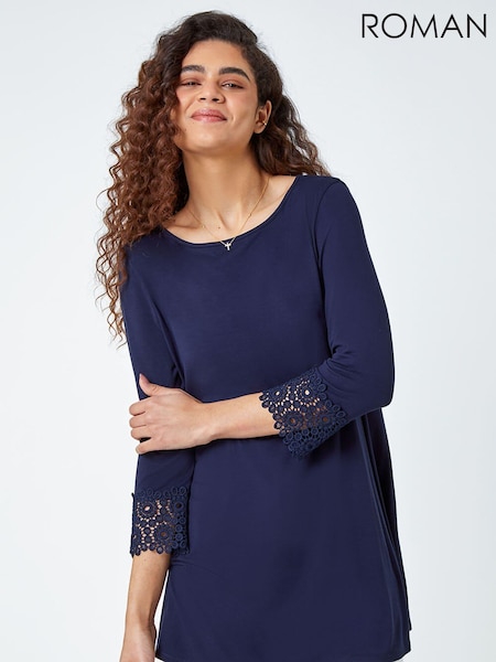 Roman Blue Plain Lace Trim Stretch Top (N55789) | £32