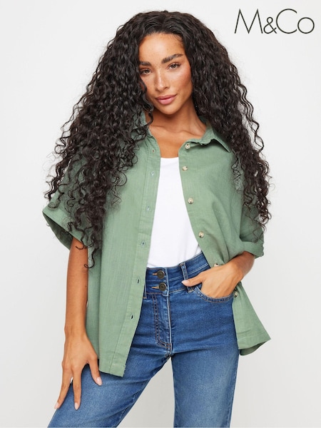M&Co Green Petite Short Sleeve Linen Button Shirt (N56032) | £27