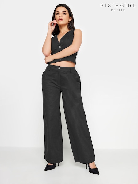 PixieGirl Petite Black Twill Wide Leg 100% Cotton Trousers (N56164) | £34