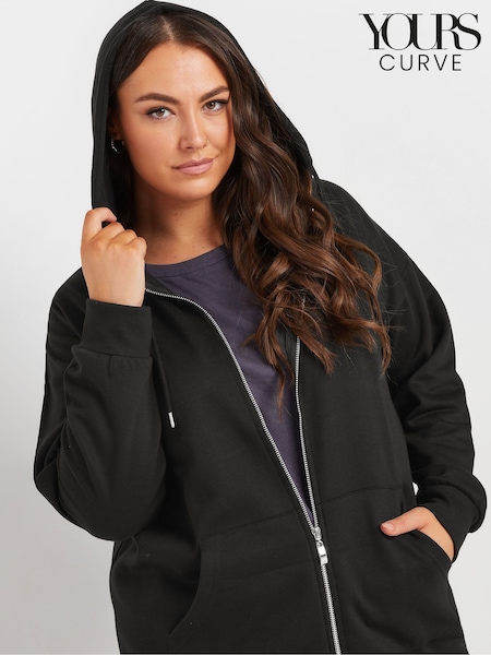 Yours Curve Black Longline Zip Through Hoodie (N56199) | £29