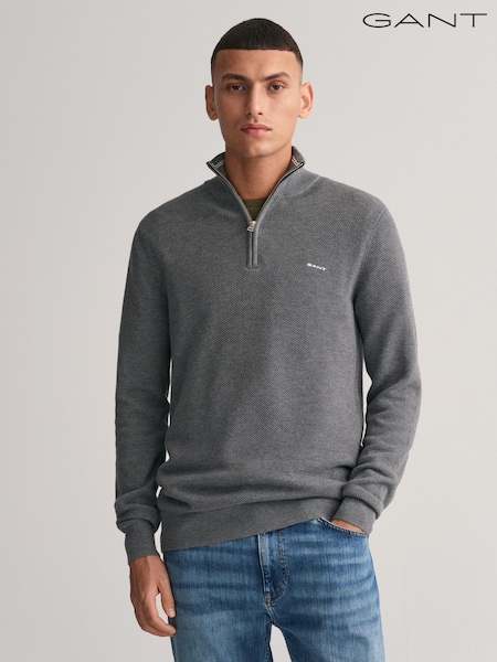GANT Dark Grey Melange Classic Half Zip 100% Cotton Jumper (N56242) | £125