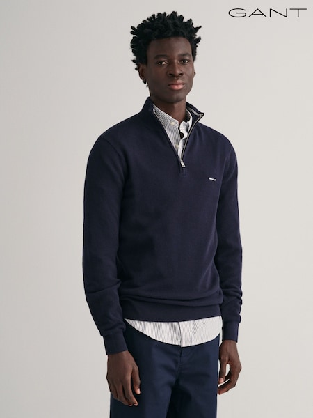 GANT Evening Blue 100% Cotton Pique Quarter Zip Jumper (N56273) | £125
