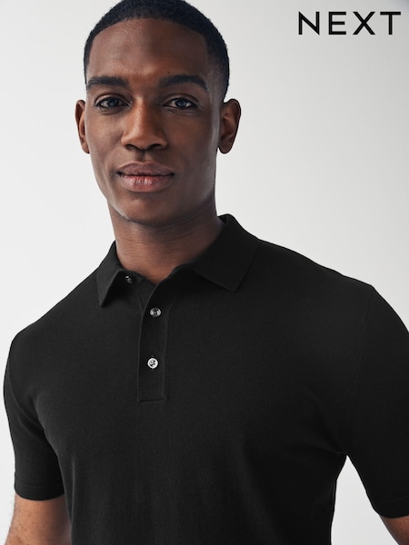 Black Slim Fit Cotton Rich Short Sleeve Knit Polo Shirt (N57085) | £24