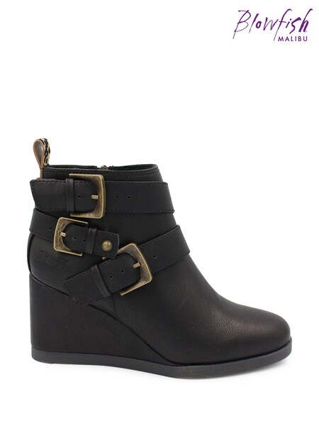 Blowfish Malibu Womens Pomela Wedge Buckle Ankle Black Boots (N57339) | £65
