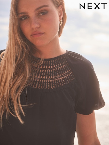 Black Short Sleeve Crochet Bubblehem 100% Cotton Top (N57448) | £12.50