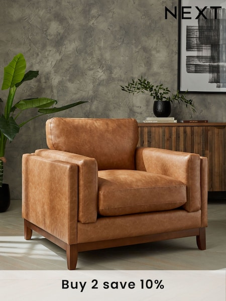 Vintaged Faux Leather Light Brown Bennett Wooden Arm Chair (N57563) | £450