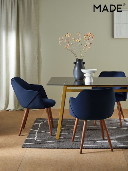 MADE.COM Set of 2 Dark Blue and Walnut Legs Lule Arm Dining Chairs in Velvet (N57625) | £329