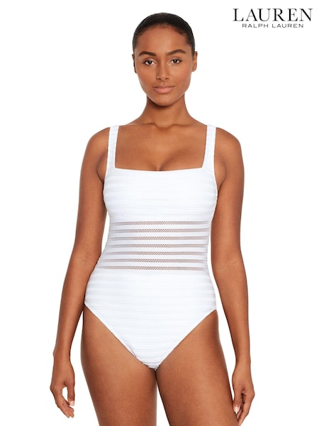 Lauren Ralph Lauren Ottoman Mesh Square Neck White Swimsuit (N57745) | £199