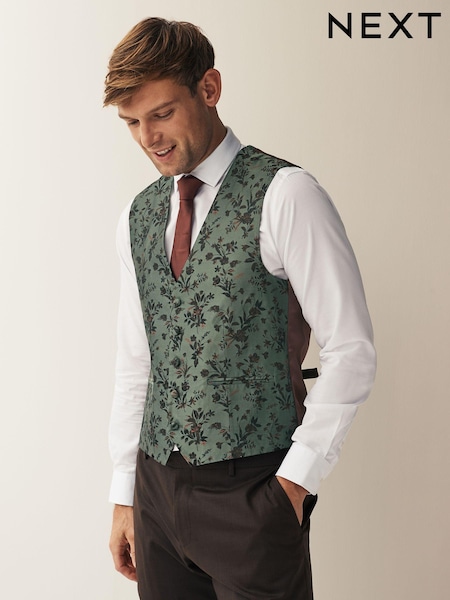 Forest Green Floral Regular Fit Occasion Waistcoat (N58907) | £55