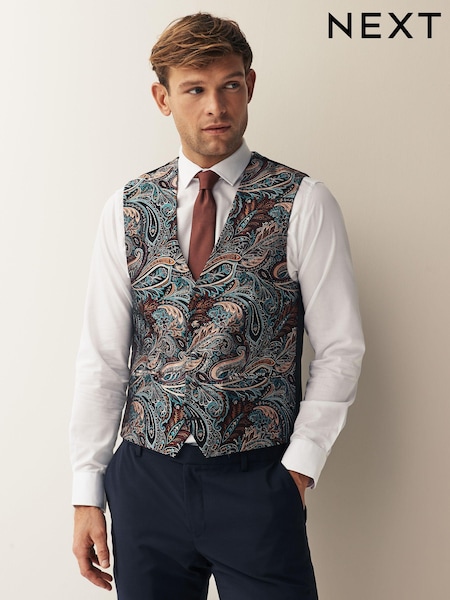 Multi Coloured Burgundy Red Paisley Regular Fit Occasion Waistcoat (N58909) | £55