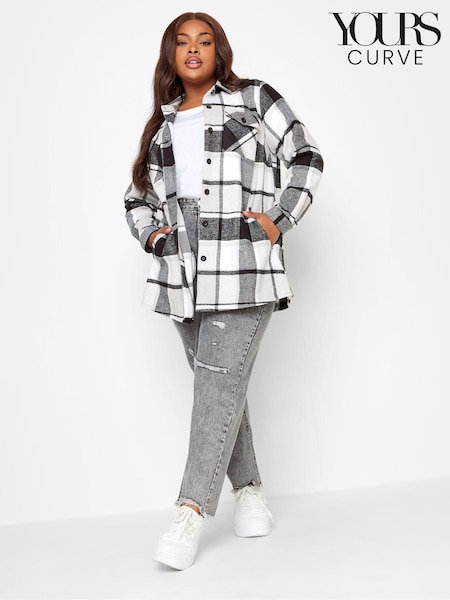 Yours Curve Grey 100% Cotton Checked Shacket (N58979) | £29