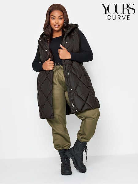 Yours Curve Black Diamond Quilted Midi Gilet (N58983) | £60