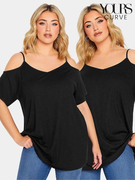 Yours Curve Black 2 Pack Strappy Cold Shoulder Tops (N59330) | £25