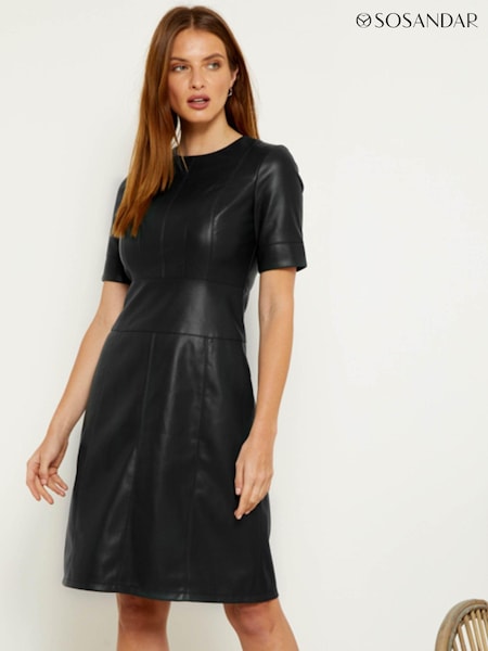 Sosandar Black Leather Look Panelled Shift Dress (N59553) | £69