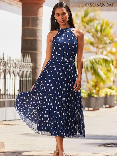 Sosandar Blue Halter Neck Pleated Skirt Dress (N60214) | £79