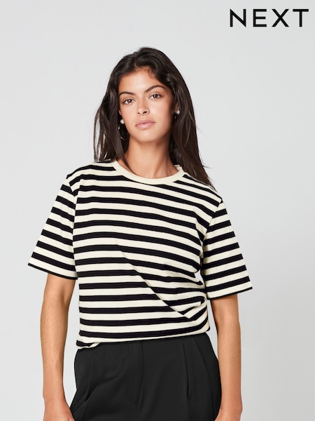 Black/Ecru White Stripe Heavyweight Short Sleeve Crew Neck T-Shirt (N61030) | £18