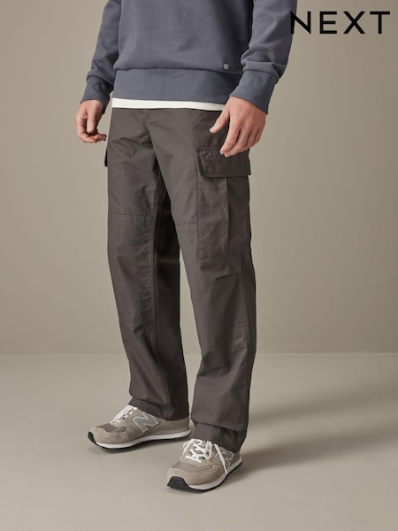 Charcoal Grey Relaxed Fit Ripstop Cargo 100% Cotton Trousers (N61946) | £35