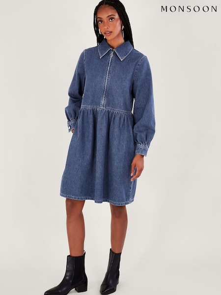 Monsoon Blue 100% Cotton Shirt Zip Denim Dress (N63144) | £80