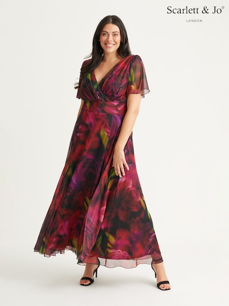 Scarlett & Jo Red Floral Isabelle Winter Print Float Sleeve Maxi Dress (N64380) | £95