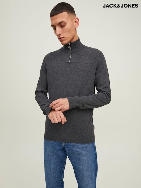 JACK & JONES Grey Quarter Zip Knitted Jumper (N64605) | £35