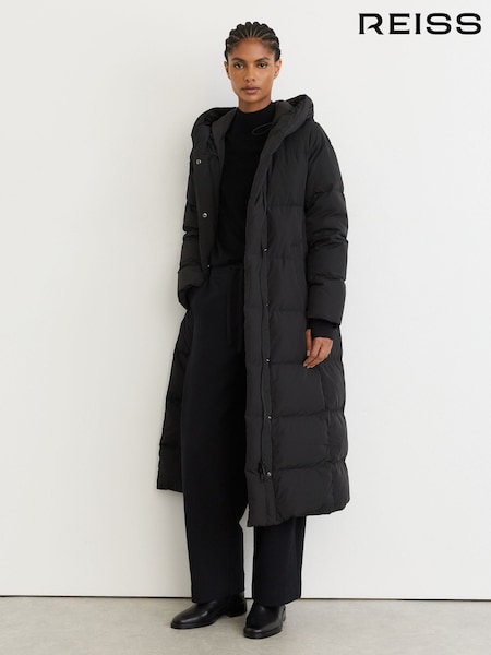 Black - Reiss Larissa Belted Longline Hooded Puffer Coat