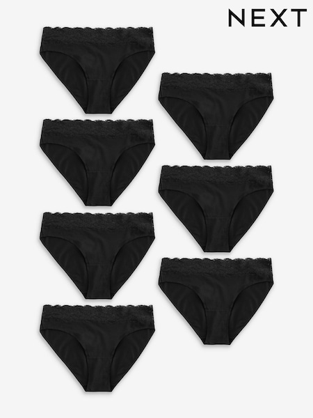Black High Leg Cotton and Lace Knickers 7 Pack (N66239) | £26