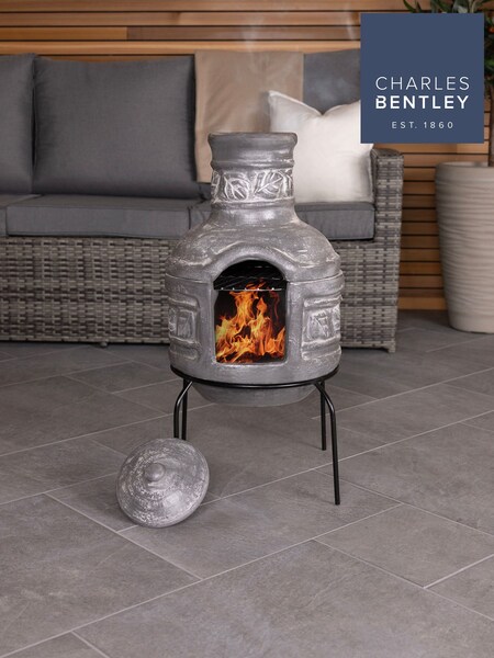 Charles Bentley Grey Garden Leaf Motif Clay Chimenea With BBQ Grill (N67475) | £90