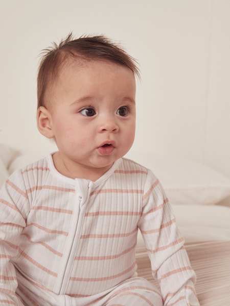 The White Company Pink 100% Cotton Stripe Rib Sleepsuit (N67646) | £24