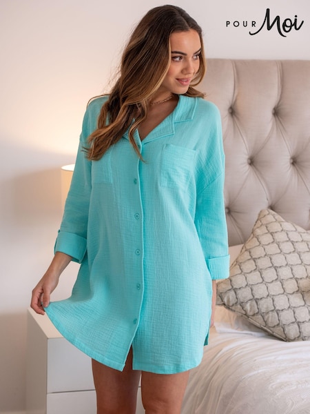 Pour Moi Blue Woven Double Cloth Revere Collar Oversized 100% Cotton Shirt (N68780) | £34