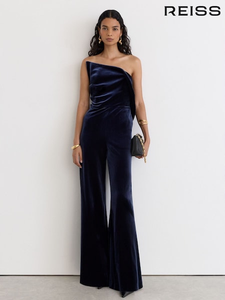 Navy - Reiss Dasha Velvet Structured Strapless Wide-leg Jumpsuit