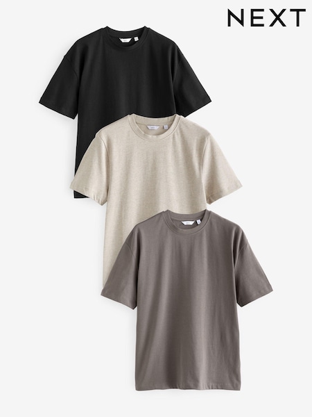 Black/Brown/Light Neutral Relaxed Fit Heavyweight T-Shirts 3 Pack (N69979) | £45