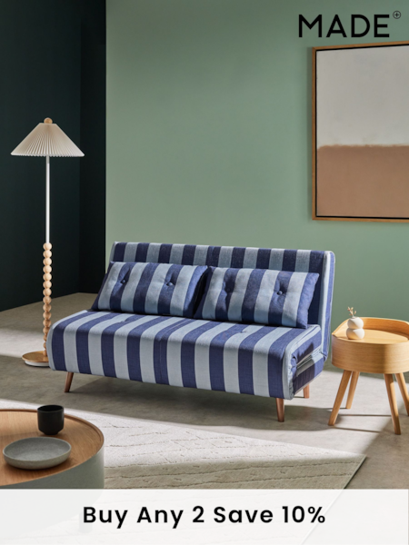 MADE.COM Eclipse Blue Wide Stripe Large Haru 2 Seater Sofa Bed (N70629) | £575