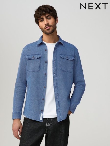 Blue 100% Cotton Waffle Textured Twin Pocket Shirt (N70830) | £38