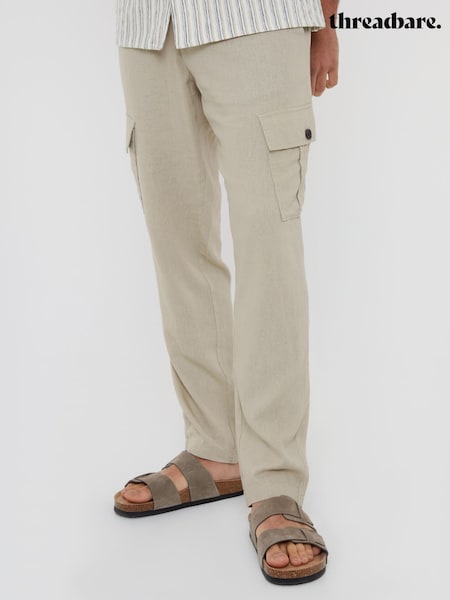 Threadbare Cream Linen Blend Cargo Trousers (N71604) | £32