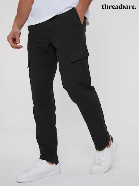 Threadbare Black Linen Blend Cargo Trousers (N71629) | £32