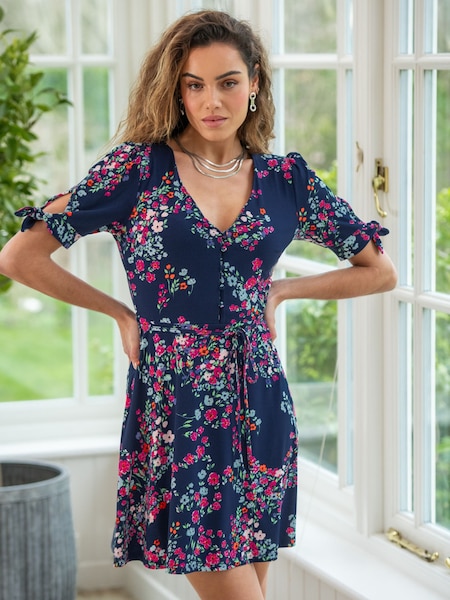 Pour Moi Navy Blue Floral Bella Fuller Bust Slinky Stretch Tie Sleeve Mini Dress (N72170) | £45