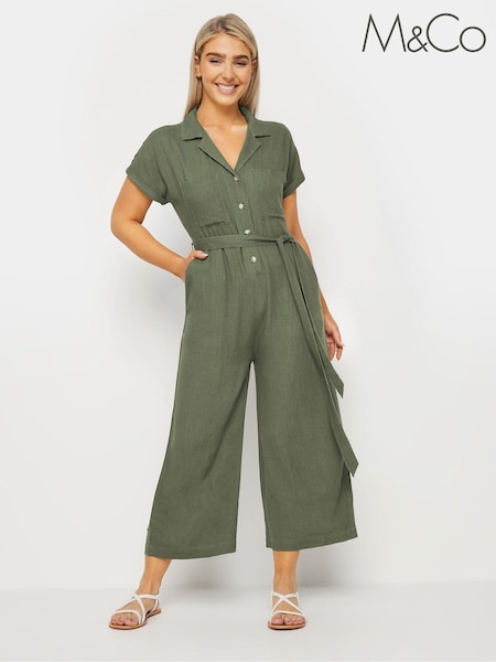 M&Co Khaki Green Linen Short Sleeeve Jumpsuit (N72593) | £45