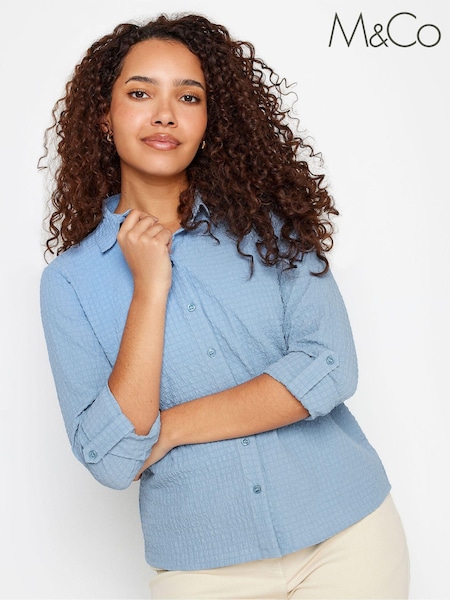 M&Co Blue Textured Turn Back Sleeve Shirt (N72711) | £29