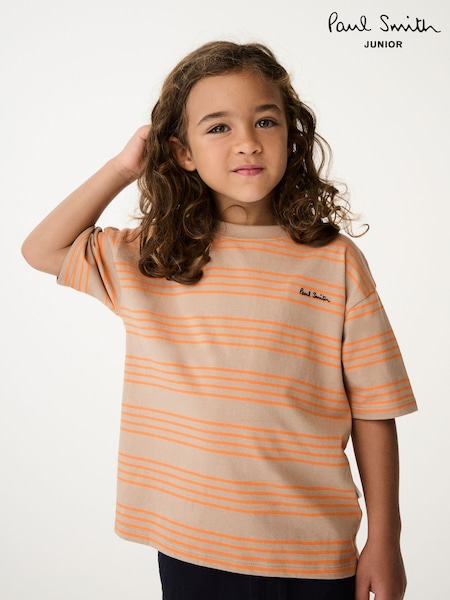 Paul Smith Junior Oversized Boys Orange/Neutral Striped Short Sleeve T-Shirt (N72756) | £38