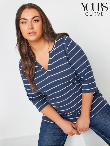 Yours Curve Blue 100% Cotton Stripe Top (N72927) | £20