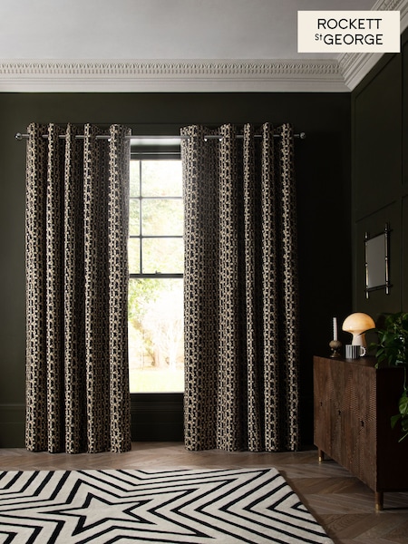 Rockett St George Black Midnight Daisy Eyelet Blackout Lined Curtains (N73390) | £60 - £155