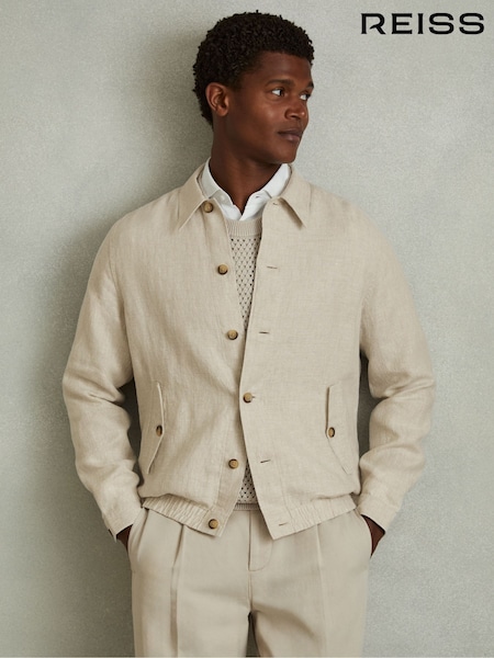 Reiss Oatmeal Cadiz Linen Elasticated Hem Overshirt (N74100) | £168