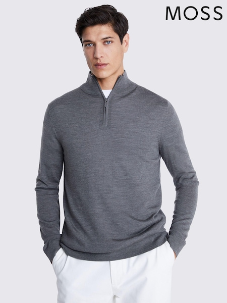 MOSS Khaki Merino Blend Quarter Zip Jumper (N74853) | £60